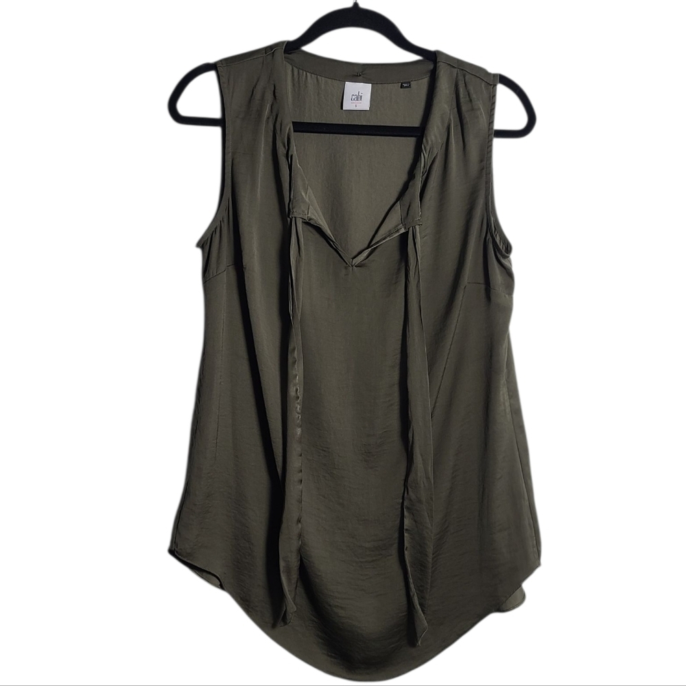 CABI Cinch Blouse Olive Green Sleeveless Tie Front Blouse Size Small